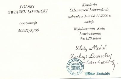 Legitymacja nr 50621 - Złoty Medal Zasługi Łowieckiej